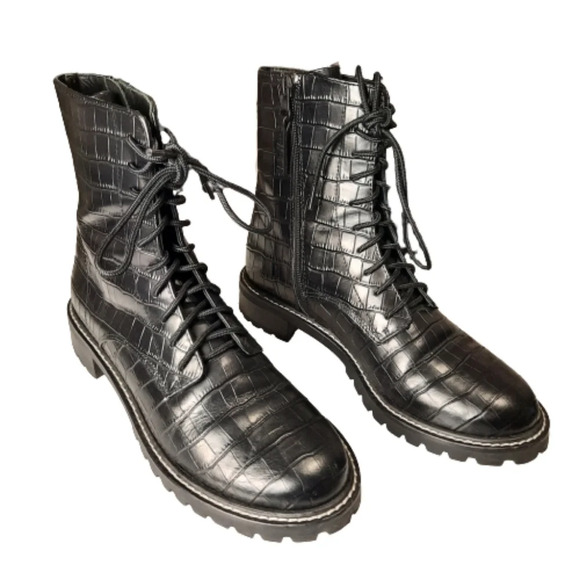Reformation Shoes - Reformation Amelia Black Leather Croc Embossed Lace Up Boot